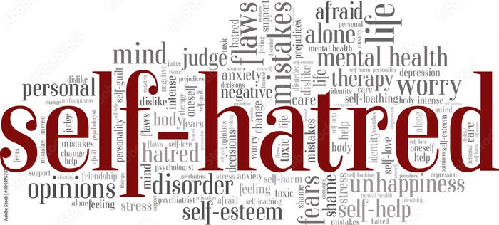 Illustration of self-hatred in a word cloud isolated on a white background.
