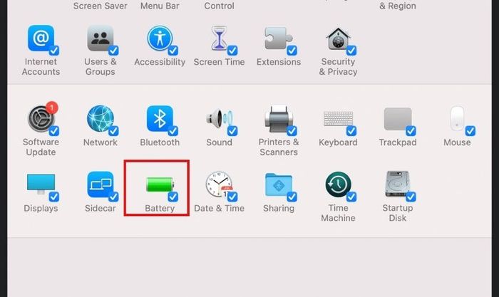 Tại menu System Preferences, nhấn vào mục Battery