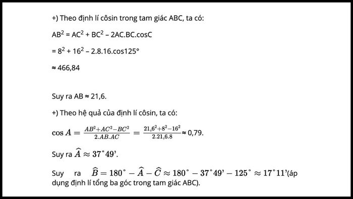 Ví dụ minh họa về việc áp dụng định lý Cosin để giải quyết các bài toán liên quan đến các cạnh và góc trong tam giác.