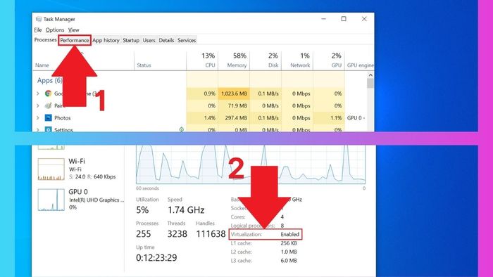 Bạn có thể xác minh tình trạng bật/tắt công nghệ ảo hóa một cách trực quan thông qua công cụ Task Manager.