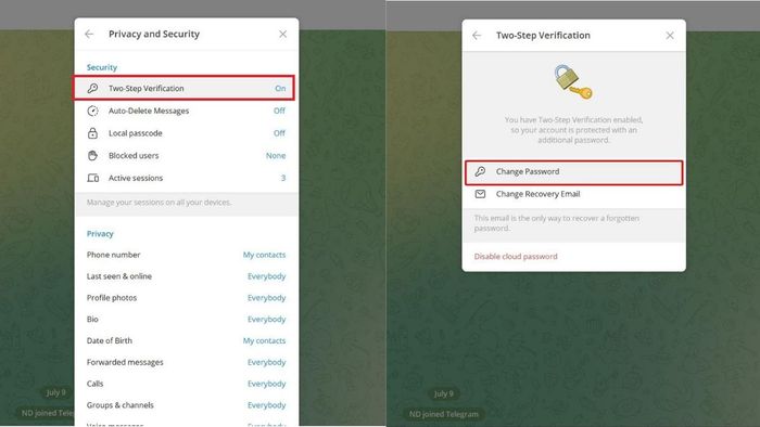 Hướng dẫn thay đổi mật khẩu Telegram trên máy tính - bước 3