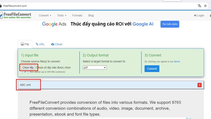 Hướng dẫn chuyển đổi file XML sang PDF bằng FreeFileConvert, bước 2