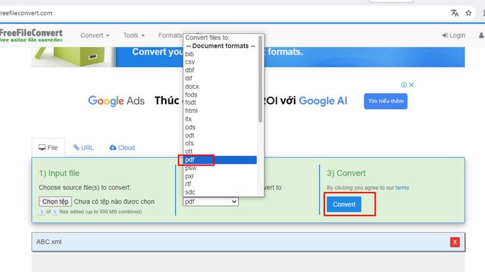 Hướng dẫn chuyển đổi file XML sang PDF bằng FreeFileConvert, bước 3