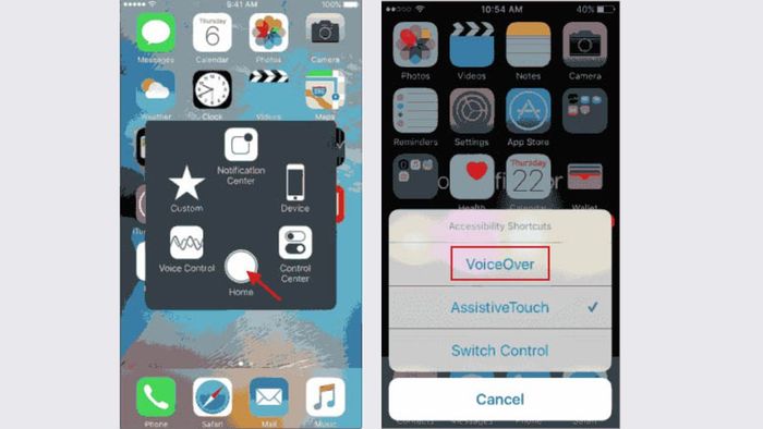 Tắt VoiceOver trên iPhone bằng AssistiveTouch theo các bước 3 và 4.