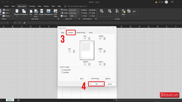 Thiết lập thông số trang để sửa lỗi in không hết trang trong Excel - Bước 2, 3