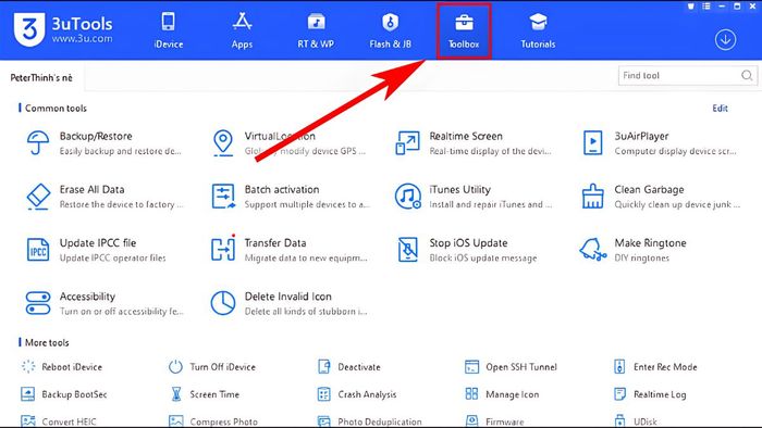 Sử dụng công cụ Toolbox khi cài đặt 3uTools