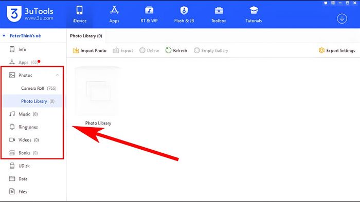 Mục Ảnh, Nhạc, Video và Sách trên 3uTools
