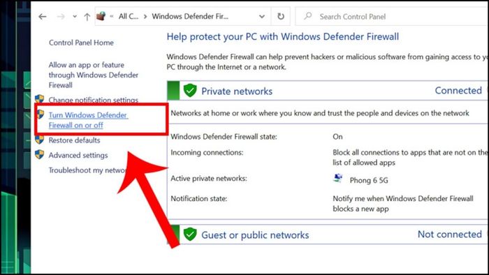 Vô hiệu hóa tường lửa để khắc phục lỗi wifi bị hạn chế – Bước 2