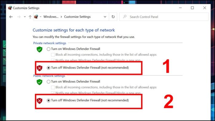 Vô hiệu hóa tường lửa để khắc phục lỗi wifi bị hạn chế – Bước 3