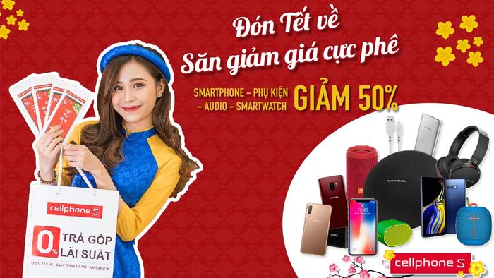 Banner Tết thông báo các chương trình giảm giá đặc biệt trong dịp lễ hội Tết.