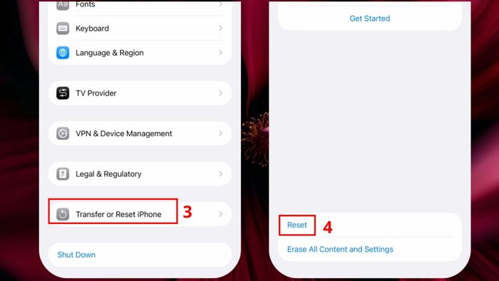 Đi đến mục Chuyển hoặc đặt lại iPhone và chọn Đặt lại