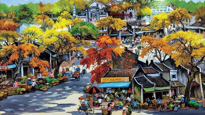 Tranh vẽ về Hà Nội nhẹ nhàng, yên bình như một buổi sáng sớm.