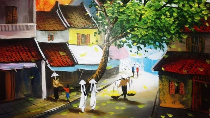 Tranh vẽ về Hà Nội cổ kính, lưu giữ hồn xưa.