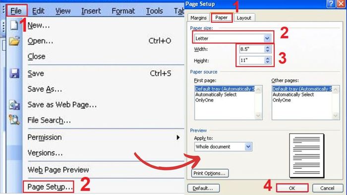 Hướng dẫn chọn kích thước A7 trong Word 2003