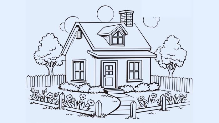 Tranh vẽ ngôi nhà ước mơ tươi sáng, với những gam màu rực rỡ và không khí vui tươi.