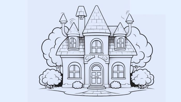 Tranh vẽ ngôi nhà ước mơ dễ thương, với những chi tiết đáng yêu và ngọt ngào.