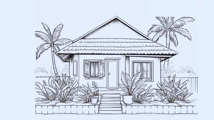 Tranh vẽ ngôi nhà ước mơ rộng rãi, thoáng đãng với không gian mở và đầy ánh sáng.