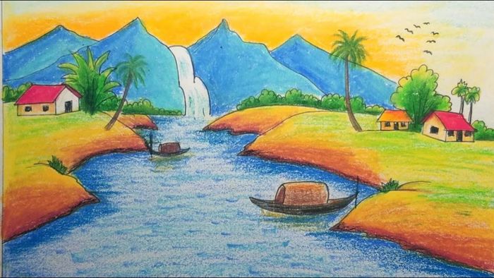 Vẽ tranh hoàng hôn với khung cảnh yên bình.