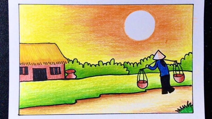 Vẽ tranh hoàng hôn hài hòa, cân đối.