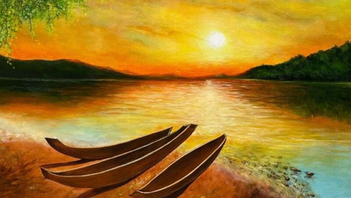 Vẽ tranh hoàng hôn rực rỡ ánh nắng.