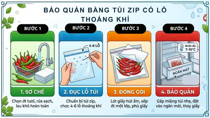 cách bảo quản ớt tươi trong tủ lạnh bằng túi zip có lỗ thoáng khí
