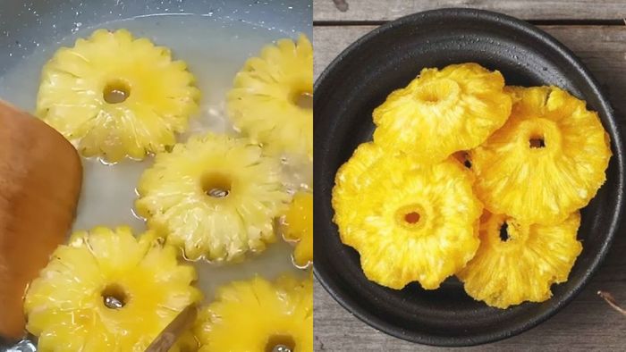 Hướng dẫn làm mứt thơm nguyên miếng, bước 3: Đặt chảo lên bếp, sên thơm đã ướp cho đến khi miếng mứt vàng óng, sau đó để nguội và bảo quản trong hũ kín.
