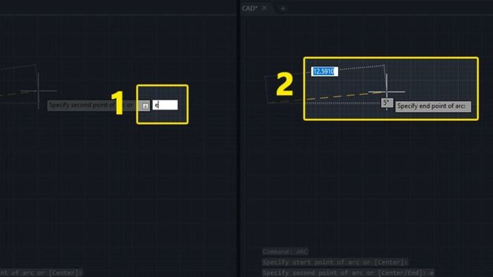 Thao tác vẽ cung tròn qua điểm đầu, điểm cuối và hướng (Direction) trong CAD - bước 2