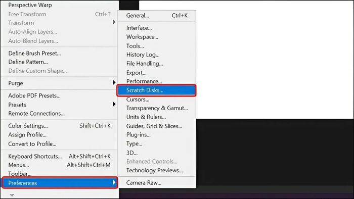 giải quyết lỗi Scratch Disks are Full Photoshop bằng cách thay đổi ổ đĩa - bước 1+