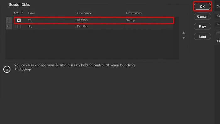 giải quyết lỗi Scratch Disks are Full Photoshop bằng cách thay đổi ổ đĩa - bước 2