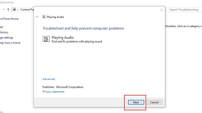 Bấm Next để hệ thống tự động khắc phục lỗi âm thanh trên máy tính Win 10