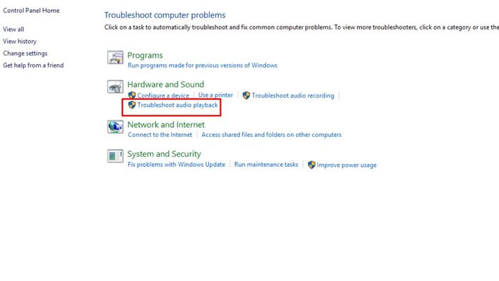 Chọn mục Troubleshooters audio playback