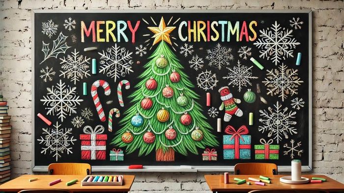Trang trí bảng Noel với hình cây thông, mang đến không gian Giáng sinh ấm áp và sinh động