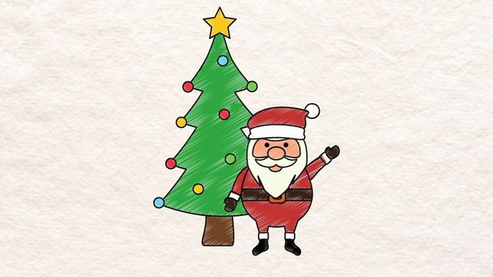 Vẽ ông già Noel đơn giản đứng bên cây thông nhỏ xinh, tạo nên bức tranh Giáng Sinh dễ thương