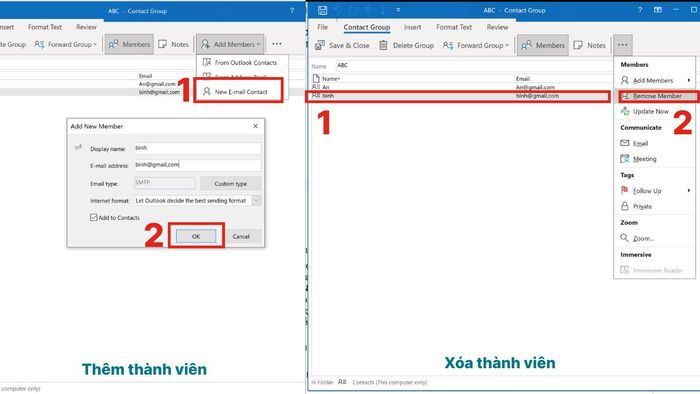 Thao tác thêm (bên trái) và xóa (bên phải) thành viên