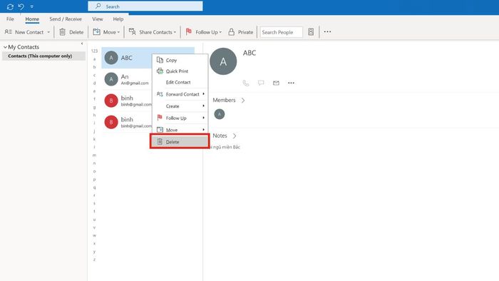 Thao tác xóa nhóm liên hệ
