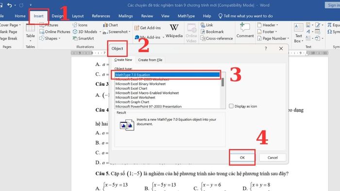 Sử dụng Insert Object khi thao tác với MathType