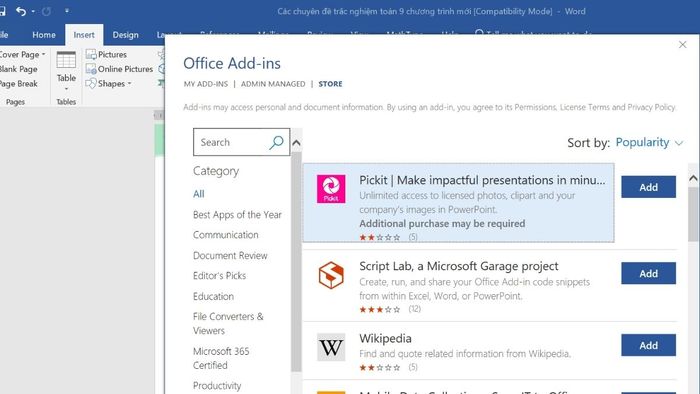 Lỗi do MathType Add-in không tương thích