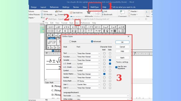 Chỉnh sửa đồng loạt font và kích thước trong MathType