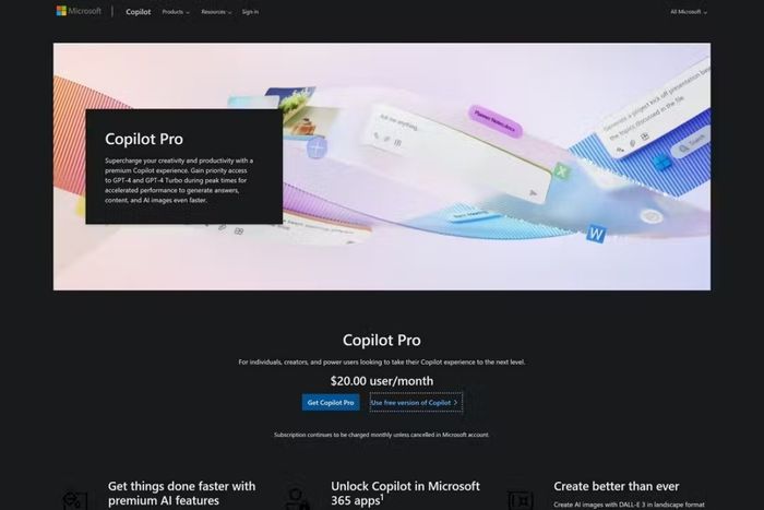 Copilot Pro dành cho cá nhân có giá 20 USD một tháng