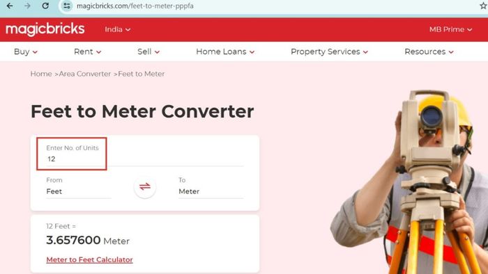 Chuyển đổi feet sang các đơn vị đo m, cm, dm với Magicbricks bước 2