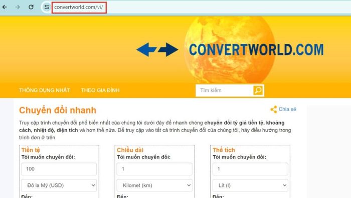 Cách chuyển đổi feet sang mét, cm, dm bằng ConvertWorld bước 1
