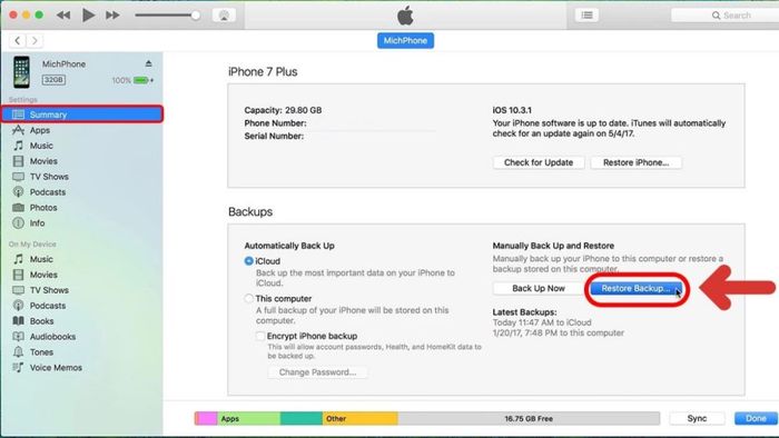 Bước 1 trong quy trình khôi phục ảnh đã xoá trên iPhone bằng iTunes