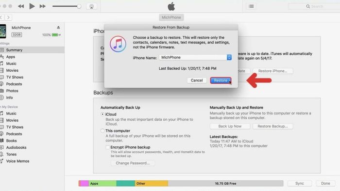 Bước 2 trong quá trình khôi phục ảnh đã xóa trên iPhone bằng iTunes