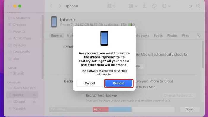 Bước 2 trong quy trình khôi phục ảnh đã xóa trên iPhone bằng Finder