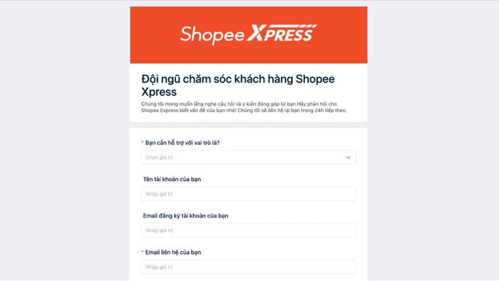 Điền vào biểu mẫu tra cứu Shopee Express