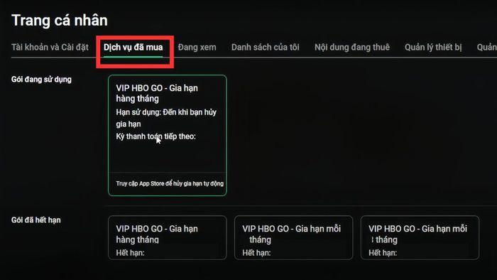 Hướng dẫn hủy gói VIP VieON trên website máy tính, bước 4