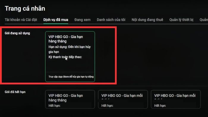 Hướng dẫn cách hủy gói VIP VieON trên website máy tính, bước 5