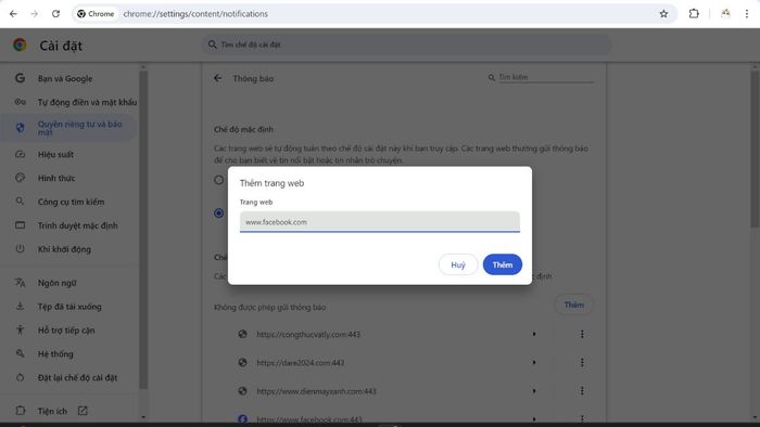 Hướng dẫn tắt thông báo Facebook qua cài đặt Chrome – Bước 4