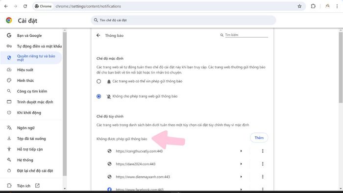 Hướng dẫn tắt thông báo Facebook qua cài đặt Chrome – Bước 3