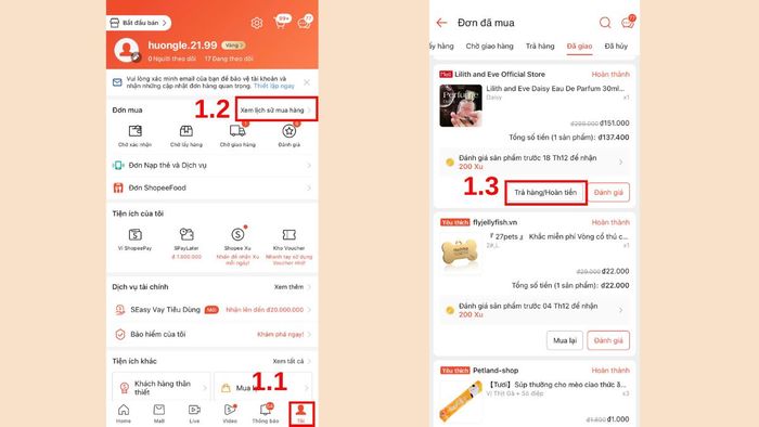 Quy trình trả hàng trên Shopee Mall trong nước sau khi nhận hàng bước 1
